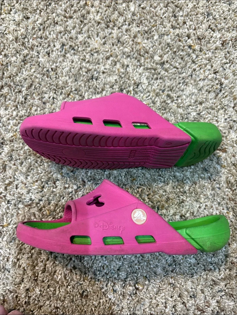 CROCS Kids Mickey Pink Slide Sandals with Green Footbed